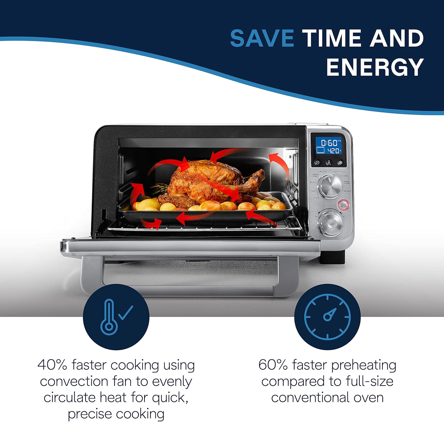 De'Longhi Livenza Compact Oven, 1800W Countertop Convection Toaster Oven, 9 Presets Roast, Broil, Bake, Easy to Use, 14L (.5 cu ft).Stainless Steel, EO141150M