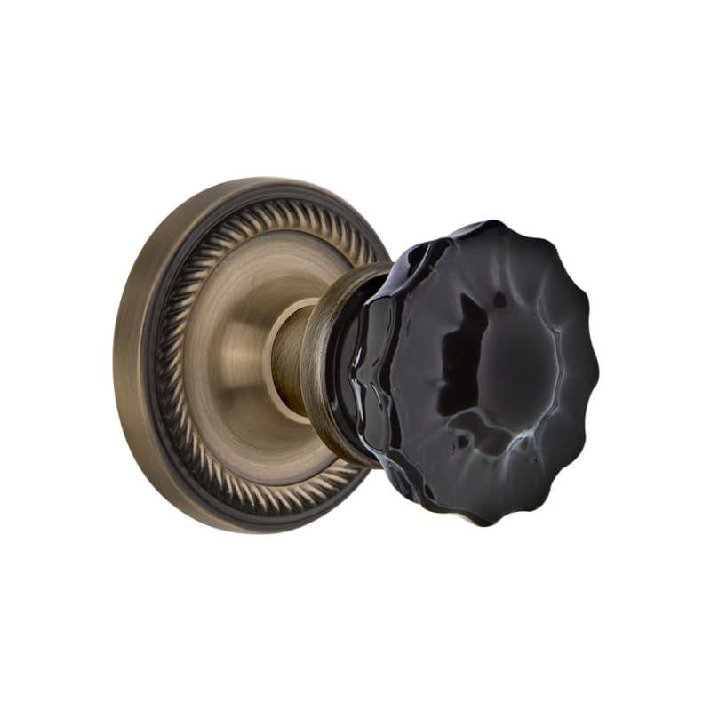 Nostalgic Warehouse 726955 Rope Rosette Single Dummy Crystal Black Glass Door Knob in Antique Brass