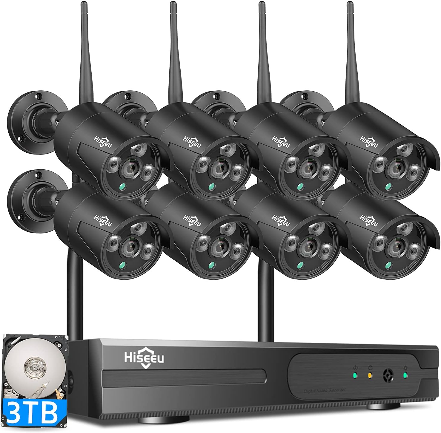 【3TB HDD Pre-Install, 2K】 Hiseeu Wireless Security Camera System, 8CH 1296P NVR 8Pcs Outdoor/Indoor WiFi Surveillance Camera 3MP with Night Vision,Waterproof,Motion Alert,One-Way Audio,Remote Access