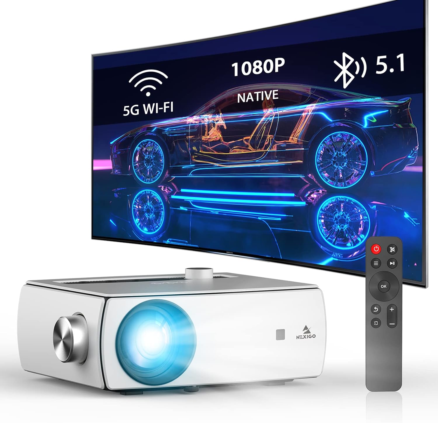 NexiGo Native 1080P WiFi Projector PJ10 with Dolby_Sound Support, Bluetooth 5.1 , [220ANSI - Over 7500 Lux Brightness], Remote, Compatible with Phone, Computer, HDMI, USB, AV Interfaces