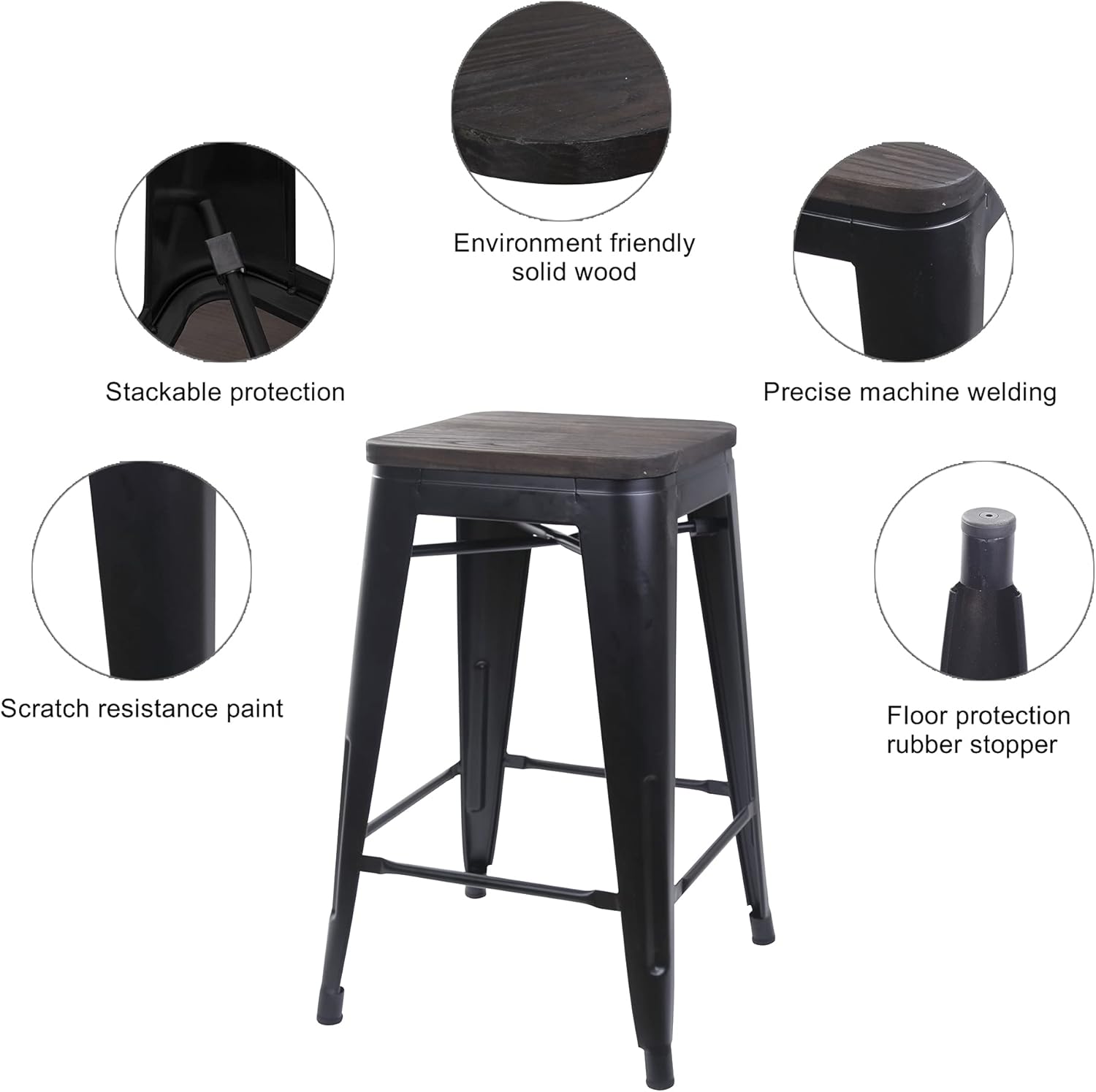 GIA 24-Inch Counter Height Backless Metal Stool with Dark Wood Seat, Black, Set of 6