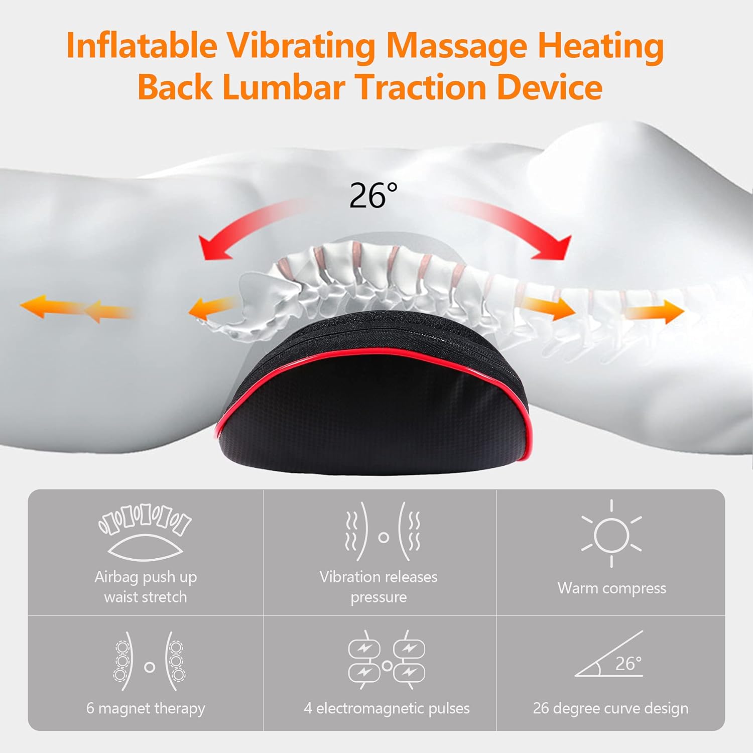 Lower Back Massager for Low Back Pain Relief, Heated Lumbar Support Back Traction Device with Airbag Traction and Vibration Massage, Waist Stretcher Cushion for Sciatica Pain Relief