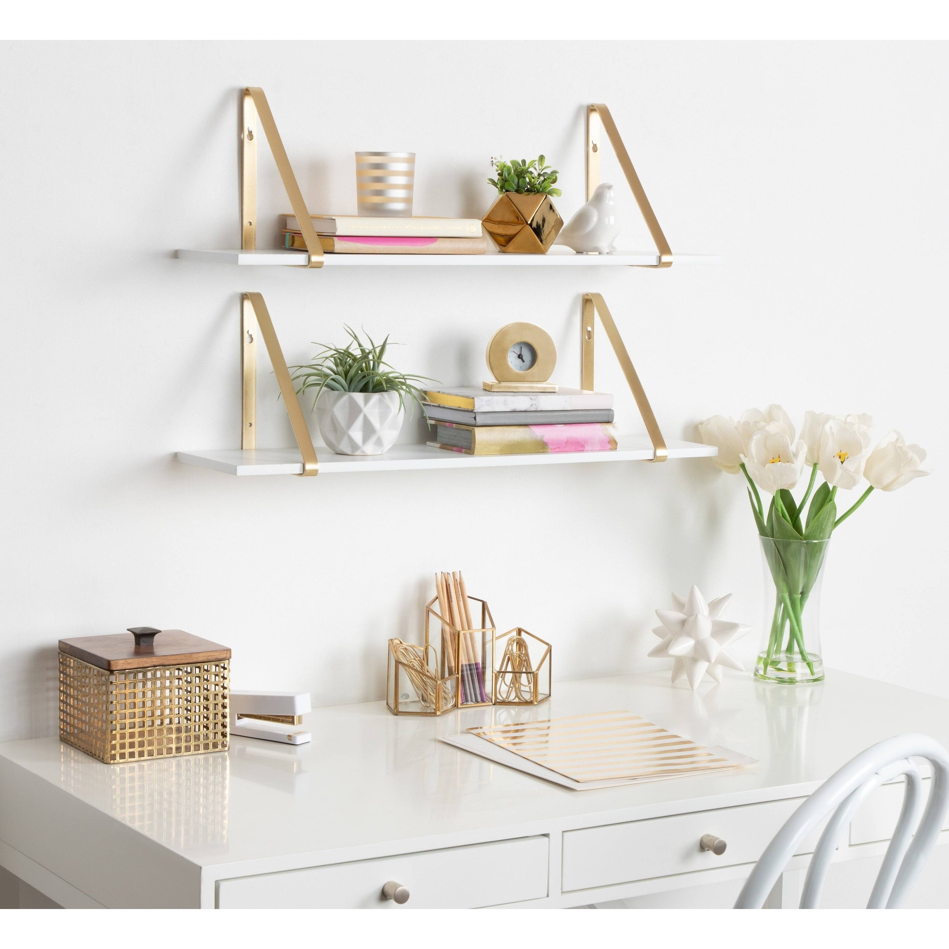 Kate and Laurel Soloman White Wooden Shelves with Gold Metal Brackets, 2 Piece