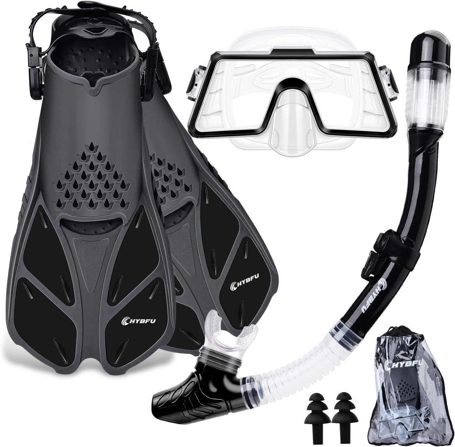 CHYBFU Mask Fins Snorkel Set with Adults Snorkeling Gear, Panoramic View Diving Mask, Dry Top Snorkel, Diving Flippers and Gear Bag, Snorkeling Packages for Snorkeling Swimming Scuba Diving Training