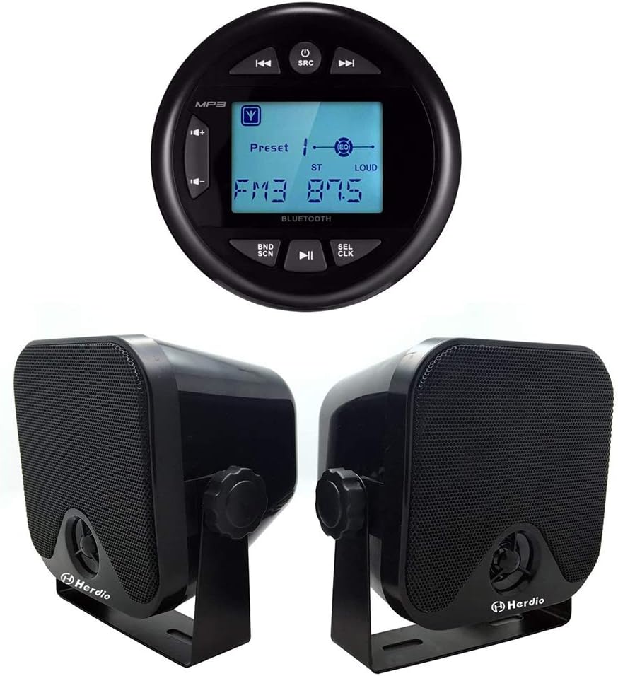 Herdio 4 Inches Mp3 USB AM FM Compatible Weather-Proof Marine & UTV Gauge Bluetooth Stereo Radio + 4 Inches Marine Surface Mount Box Speakers(Black)
