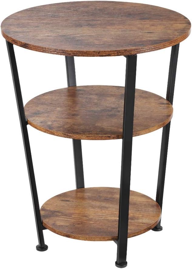 Dulcii Industrial End Table, 3 Tiers Round Side Table with Sturdy Metal Frame, Round Sofa Table, Vintage Nightstand for Living Room Bedroom, Easy Assembly, Wood Look Accent Furniture (Style A)