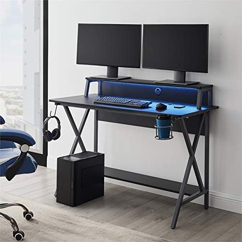 Linon Grayson LED Metal and Wood Gaming Desk in Black and Gray