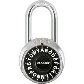 Master Lock NO. 1572LF 3-Letter Combo Padlock 1-1/2x22 Inside Shackle, Control Chart, Blk Dial - Pkg Qty 6