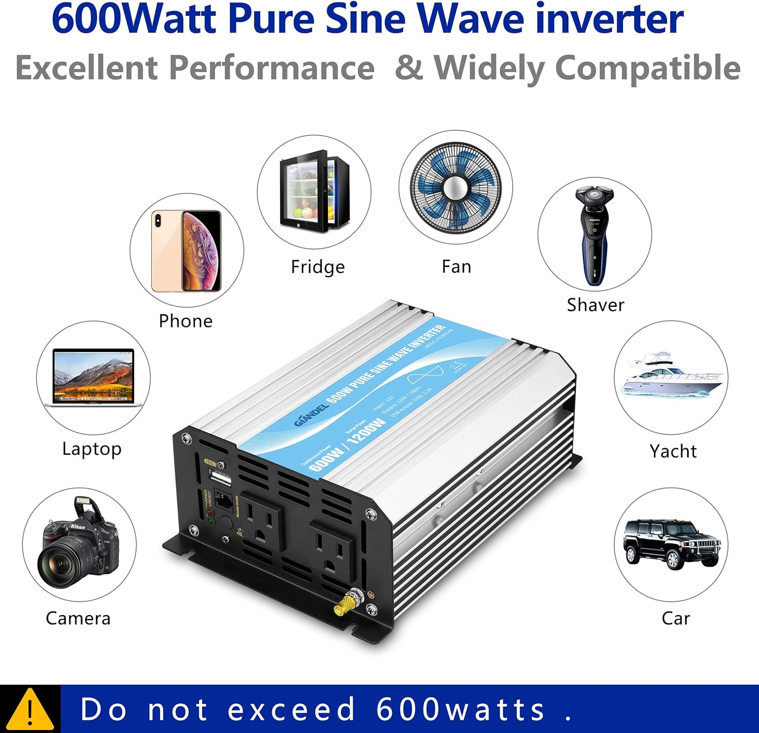 GIANDEL Power Inverter Pure Sine Wave 600Watt 12V DC to 110V 120V with Remote Control Dual AC Outlets and USB Port for RV Car Solar System Emergency