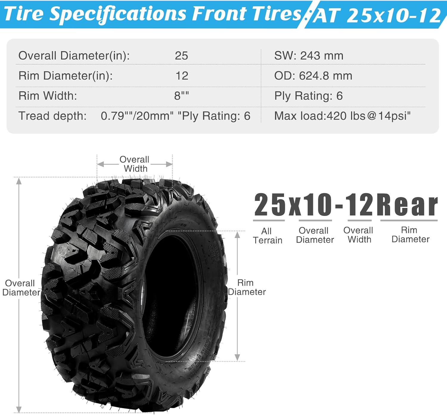 MOTOOS 25x10-12 ATV UTV Tires Rear Sport All Terrain 25/10-12 Mud Go Kart Tires 25x10x12 Tubeless 6PR Pack of 2
