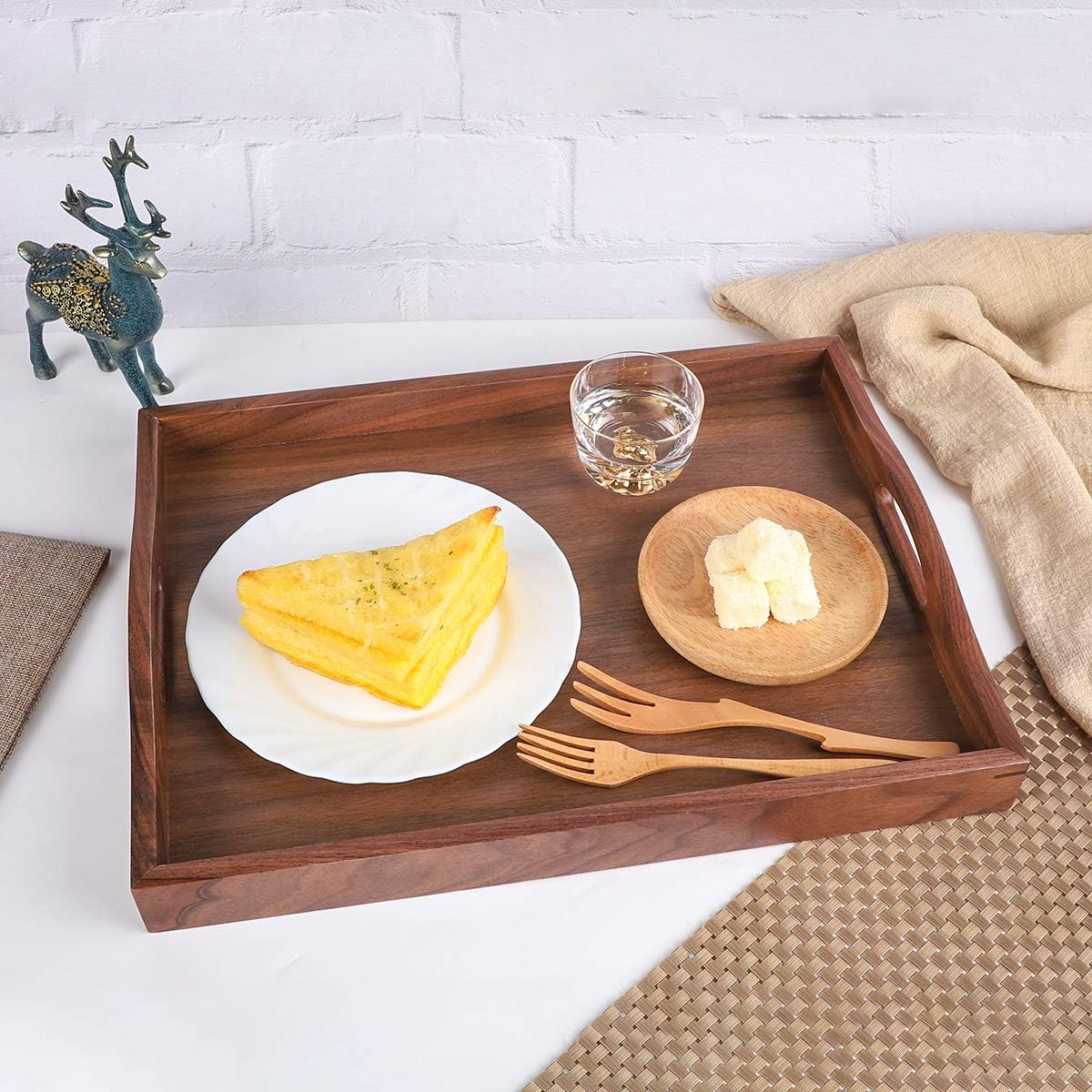 Royalling Black Walnut Serving Tray with Handle, Wooden Tray, Tea/Drink Tray, Dinner Serving Tray, Snack Tray (15.7X11.8 in) Pack of 2