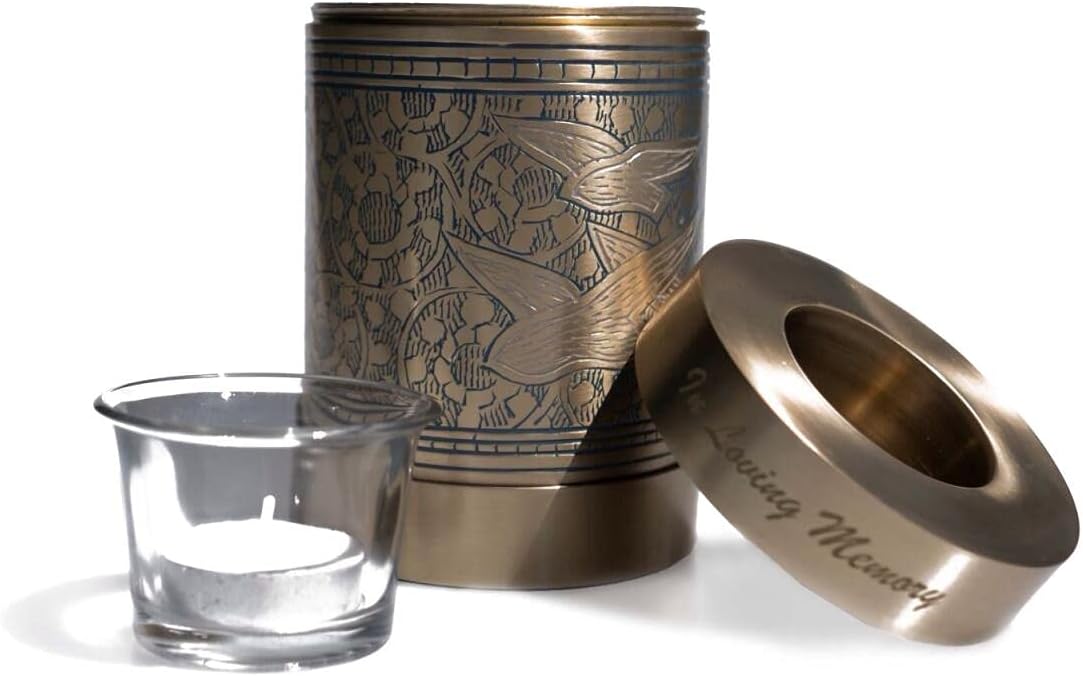 Decorative Keepsake Cremation Urn Medium Size Handmade Brass with Votive Tealight Candle Holder for Human Adult, Child or Pet Ashes 5 1/2