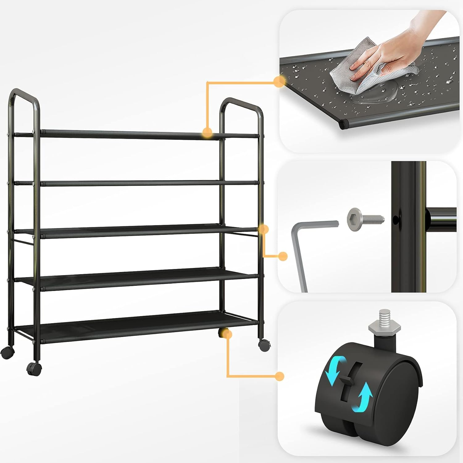 LEAIJIAFY 5 Tier Black Metal Shoe Rack Organizer Shoe Stand,Sturdy Rolling Shoe Shelves Storage Racks Organizer for Garage Entryway Closet Floor,with Wheels,31 Inches Wide,Easy to Assemble
