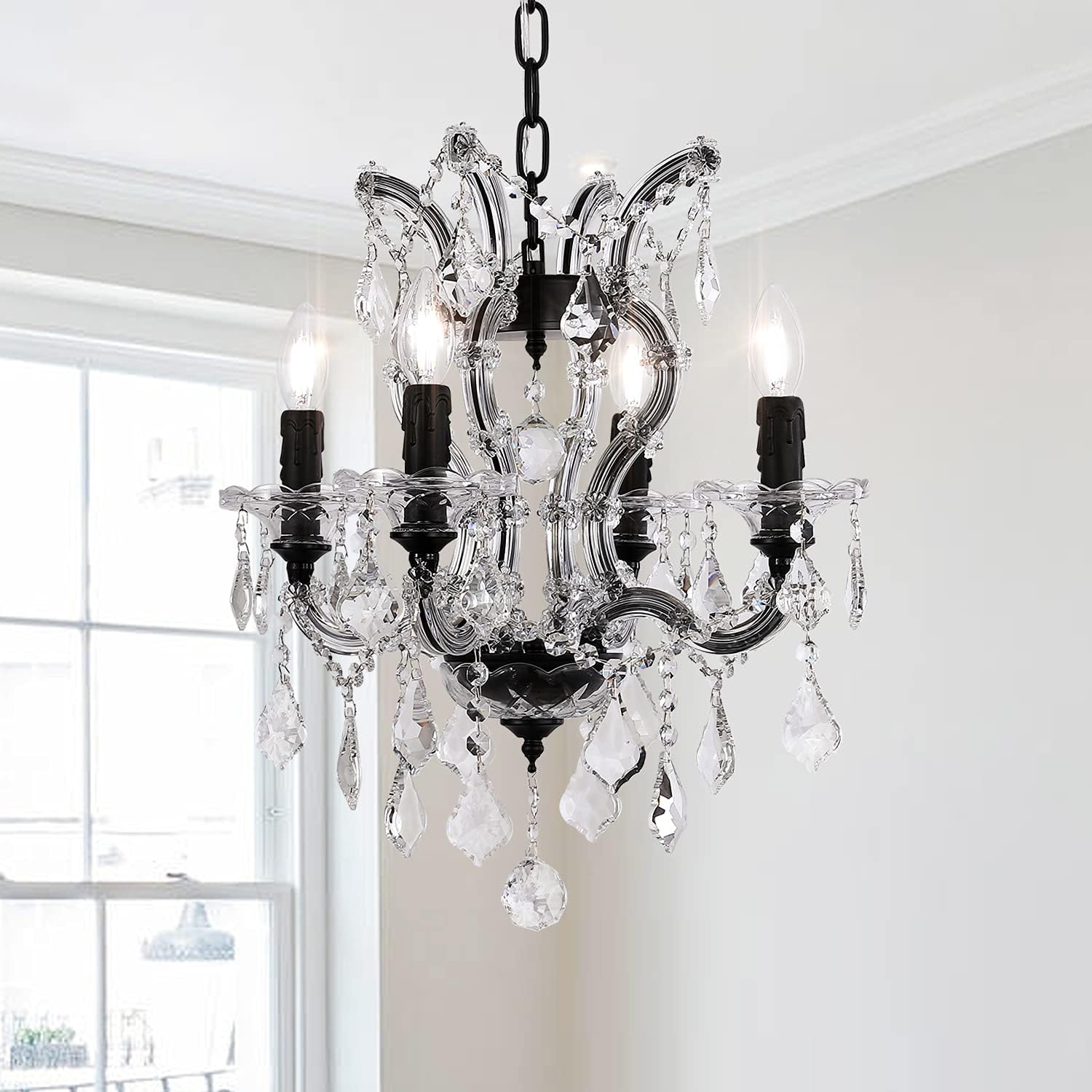 KAIQI Crystal Chandelier 4 Light Modern Chandelier, Crystal Pendant Light Ceiling Pendant Lighting Fixture for Dining Room Bedroom Living Room, Black