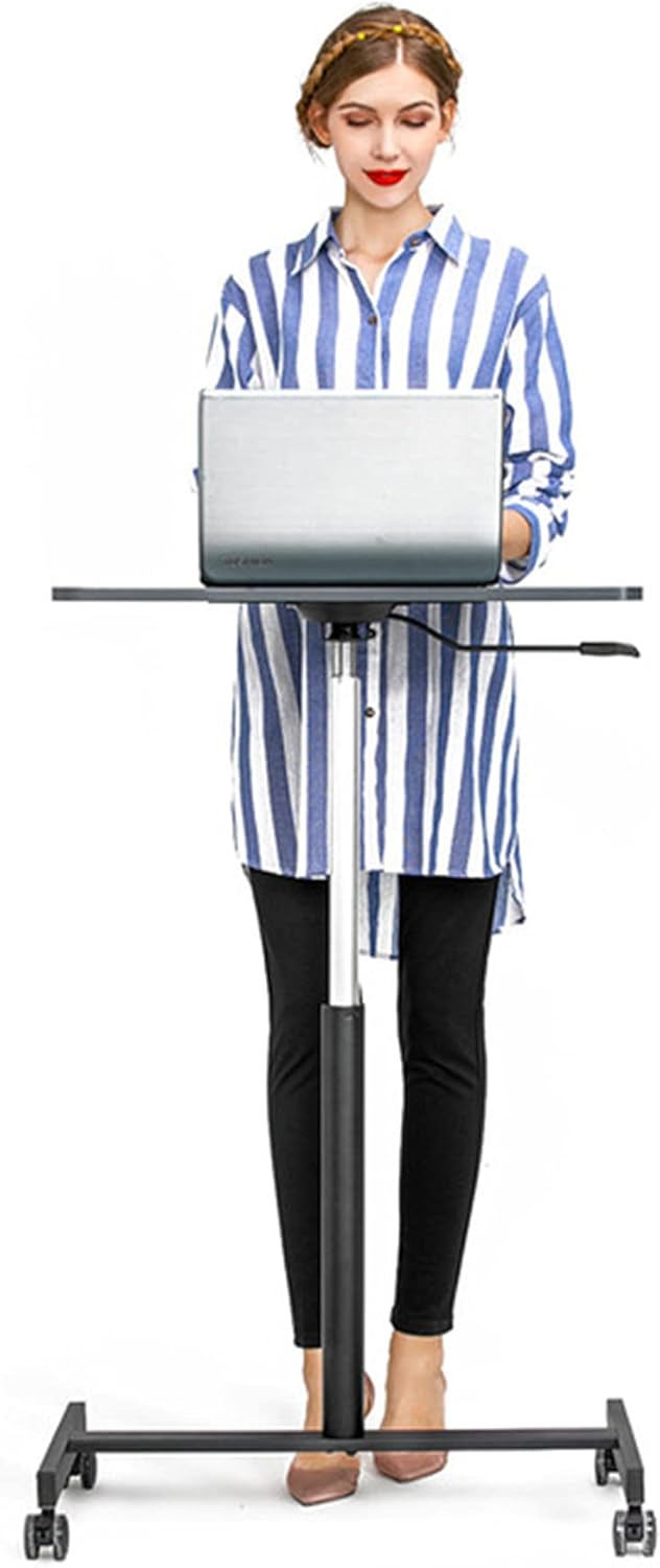 Mobile Desk, Pneumatic Adjustable Height Laptop Desk, Sit and Stand Table, Computer Workstation for Office or Home, Rolling Medical Bedside Cart for Hospital, Lectern Podium for Classroom (Black)