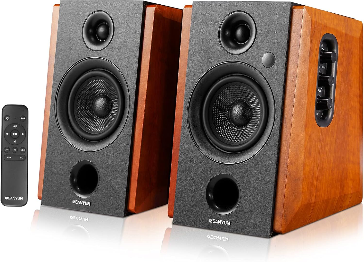 Sanyun SW228BT 80W Active Bluetooth 5.0 Bookshelf Speakers &ndash; 4Inch Carbon Fiber Speaker Unit - Wireless Studio Monitors - Optical RCA Coaxial Inputs - Built-in 24bit DAC - Wooden Enclosure (Upgraded)