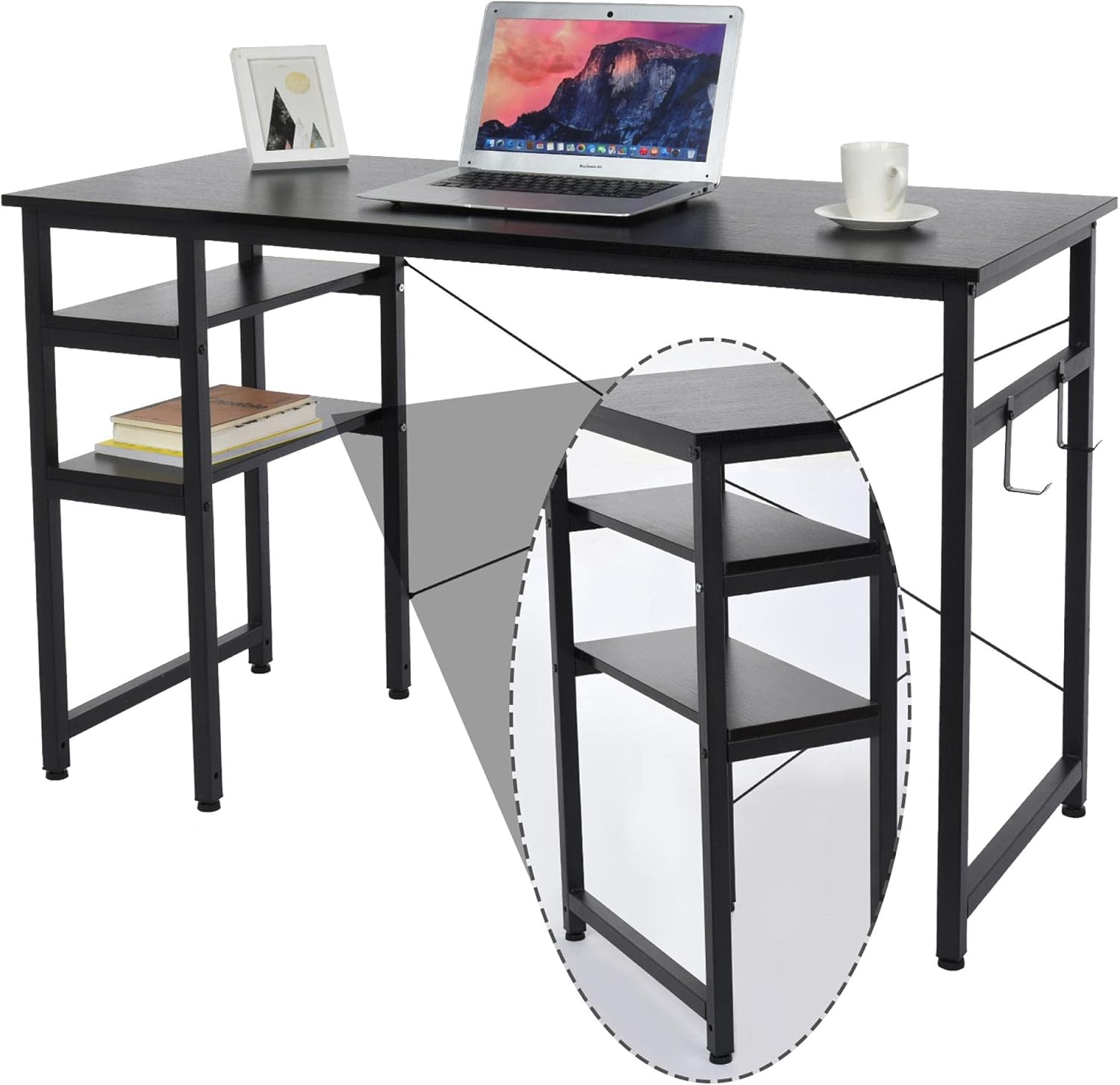 47'' Long Computer Desk, Study Writing Desk with 2 Storage Shelves on Left or Right, Industrial Modern PC Laptop Table Steel Frame Rustic Black