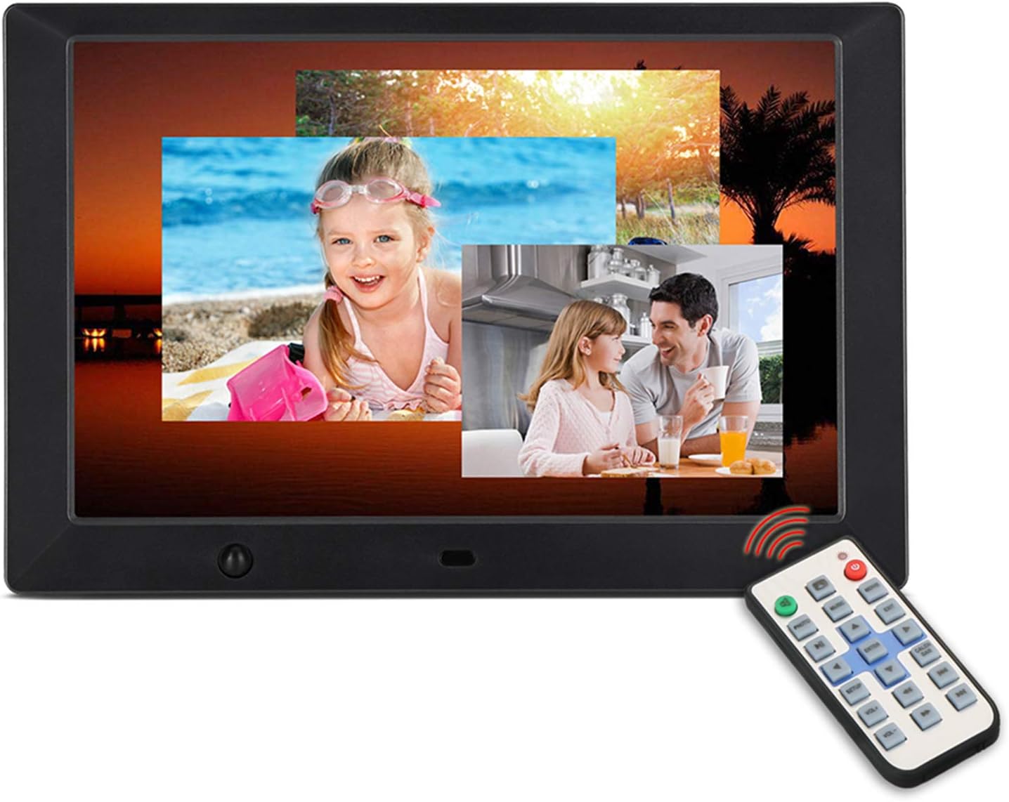 10 inch Digital Picture Frame with 16: 9 Screen Digital Photo Frame Adjustable Brightness, Timing Power On/Off, Calendar,Background Music Support 1080P Video Remote Control