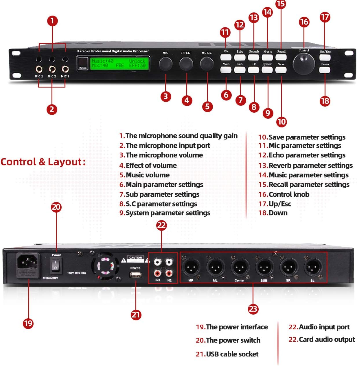 Depusheng X5 Karaoke Professional Digital Audio Processor Can Set via a PC Interface Prevent Howling