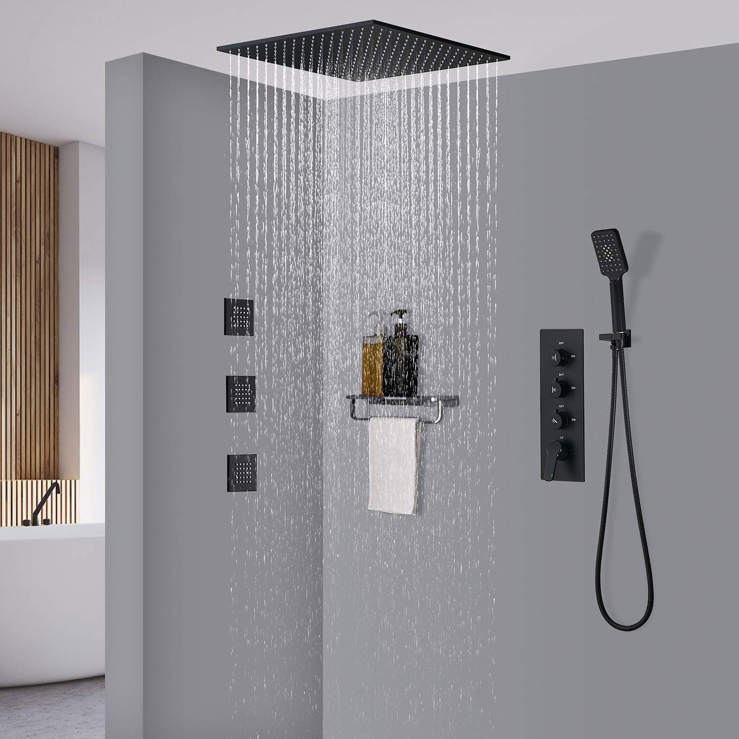 JiaYouJia 16'' Thermostatic Ceiling Mount Rainfall Shower System with Hand Shower & Body Spray Jets Rain Shower Head 3-Way Shower Valve Bathroom Shower Combo Set in Matte Black
