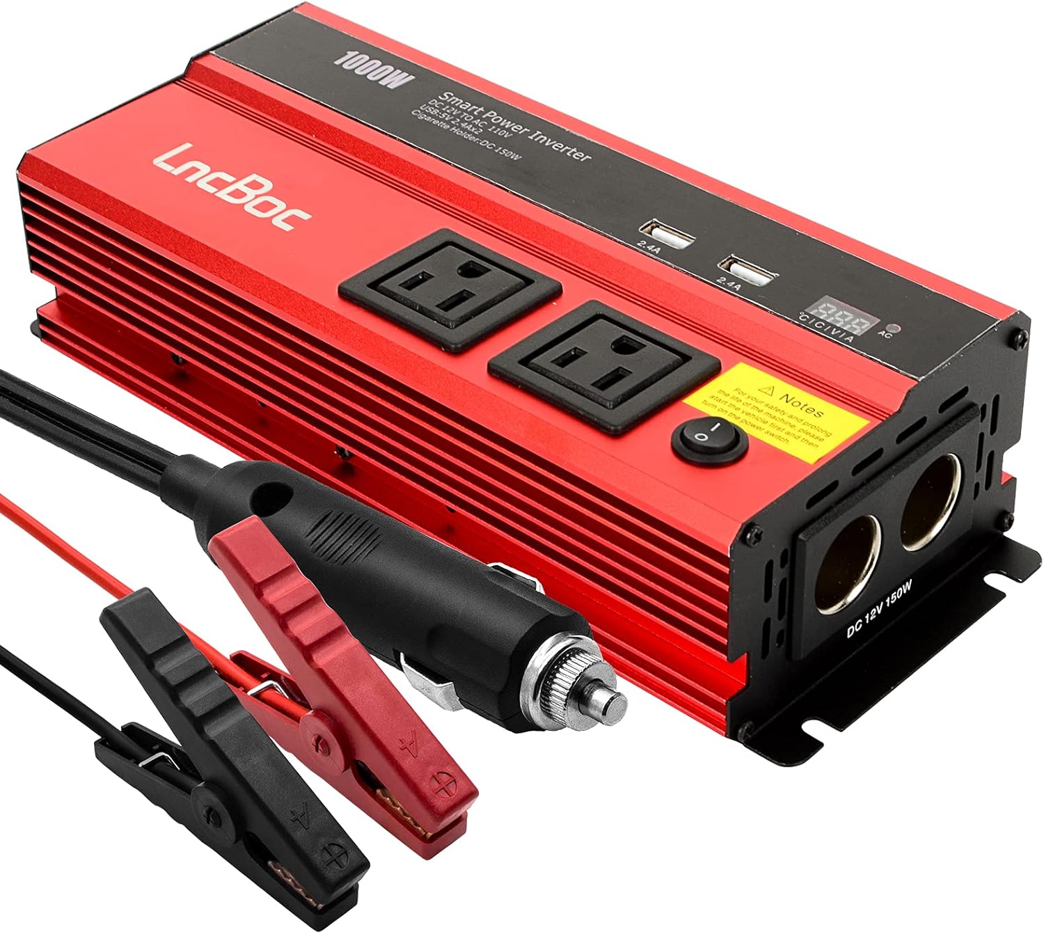 LncBoc 1000W Car Power Inverter DC 12V to 110V AC Converter, Pure Sine Wave Inverter with Dual AC Outlets and 2.4A Dual USB Ports Car Charger Adapter Pack of 2