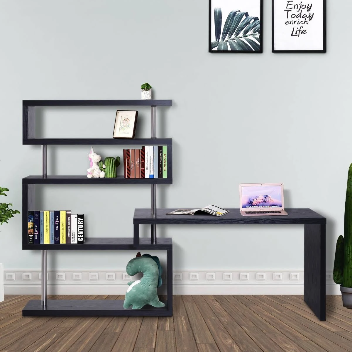 HOMCOM Rotating Home Office Corner Desk and Storage Shelf Combo - Black Wood Grain