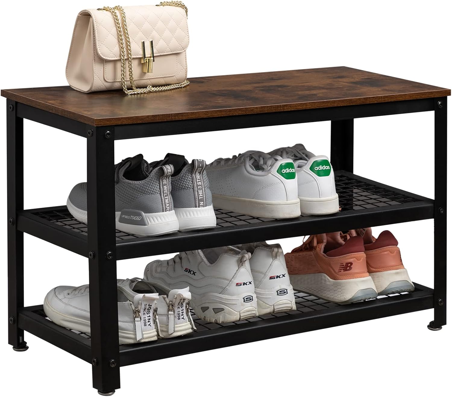 ALIMORDEN Industrial Shoe Rack 3 Tier Shoe Rack Bench Shoe Storage Organizer Entry Bench with MDF Top Board, Entryway Table for Hallway Living Room Closet Bedroom Brown