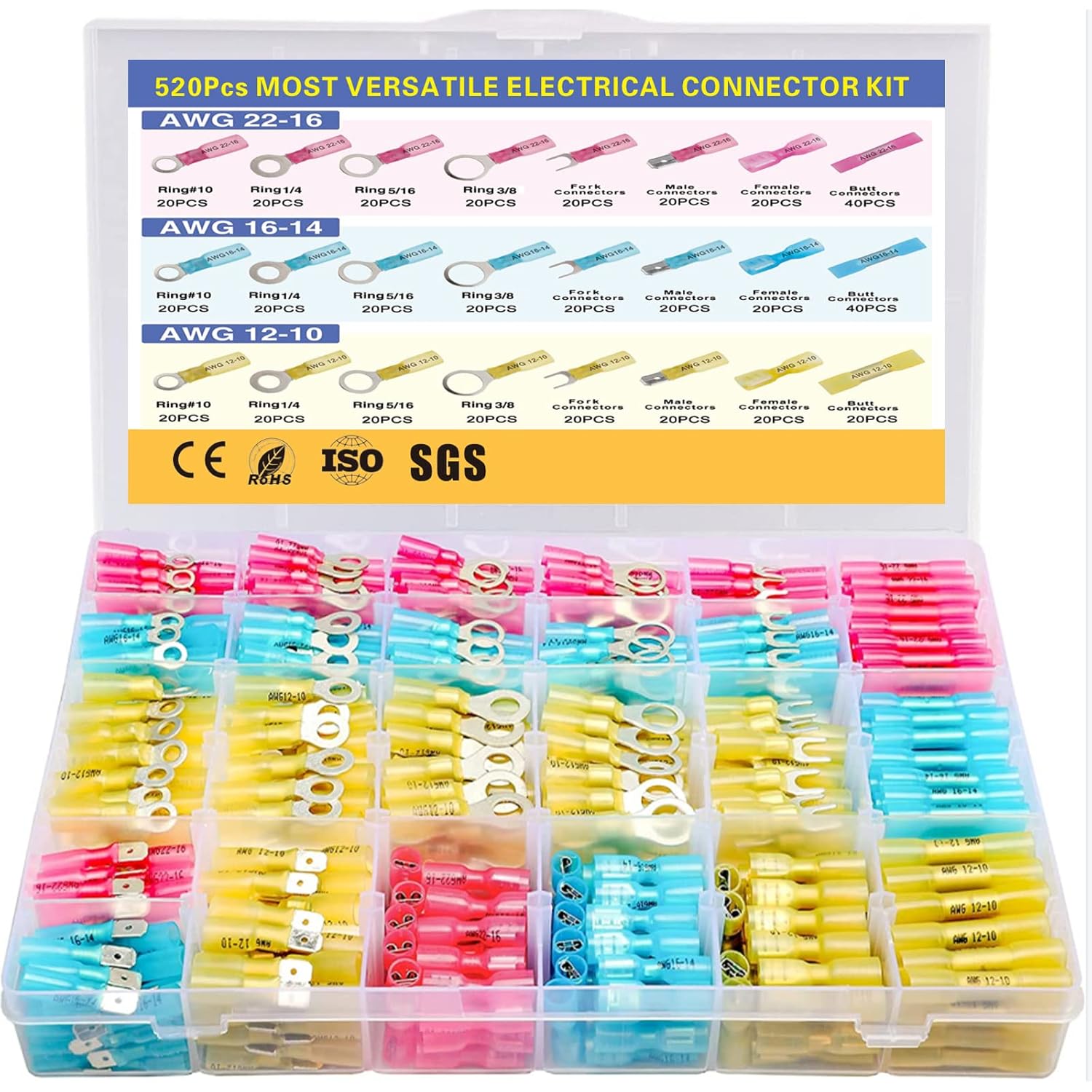 520PCS Insulated Waterproof Heat shrinkable Wire connectors,crimps Fork Connector,Terminal Assortment kit,Marine Wire terminals,Heat Shrink connectors Pack of 2