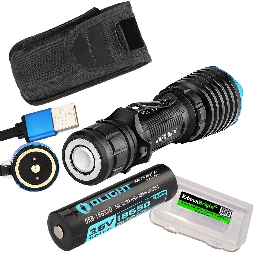 OLIGHT Warrior X USB Rechargeable 2000 Lumen CREE LED Tactical Flashlight, Rechargeable Battery, Magnetic Charging Cable with EdisonBright Cable Carry case Bundle