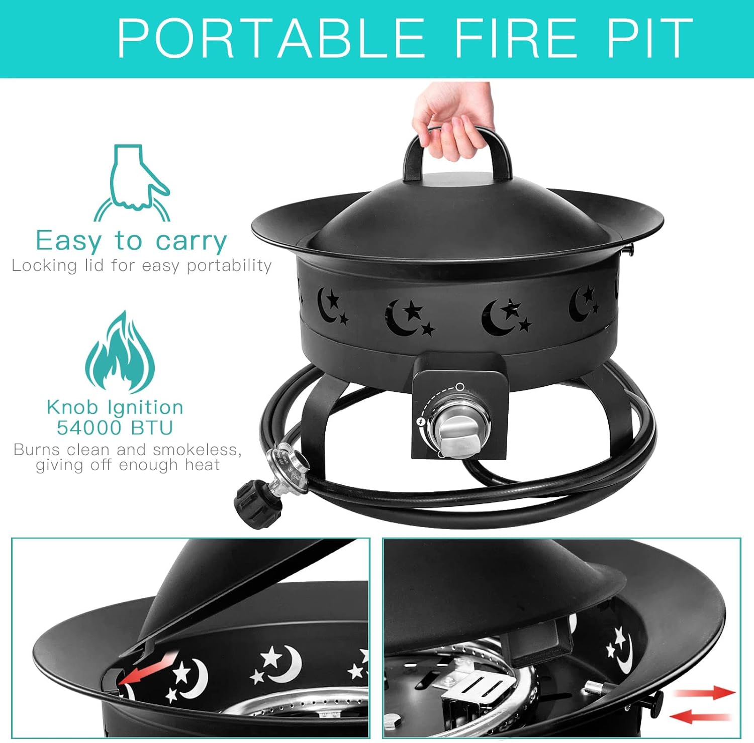 FOOPIT Propane Fire Pit for Camping Portable Firepit Outdoor Small Pits with Lid & Round Table Outside Gas Fireplace Smokeless