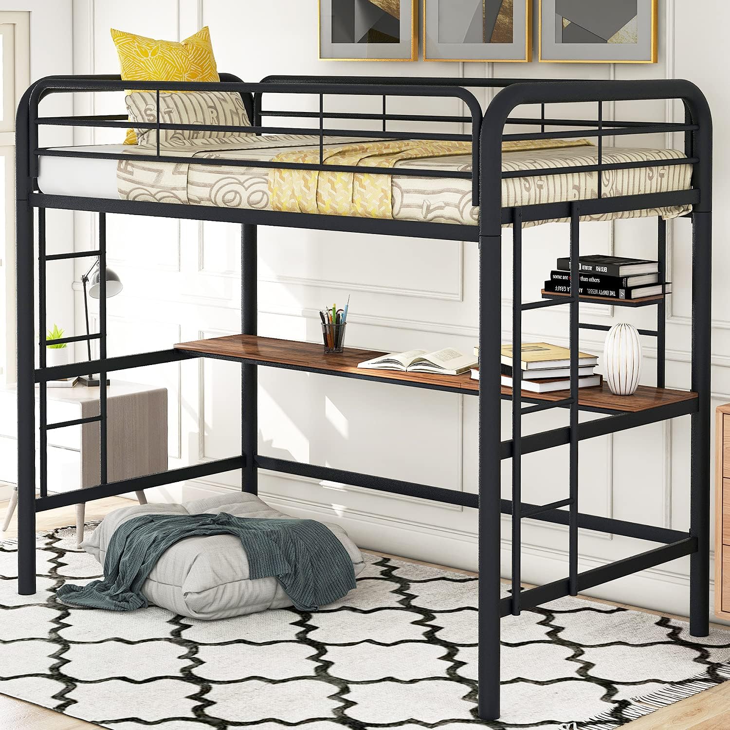 Twin Loft bunk Bed,Metal Loft Bed Frame,Loft Bed with Desk and Storage,Space-Saving Bed Frame with Strong Board Slats,Full-Length Guardrails and 2 Built in Ladders(with Shelf-Black)