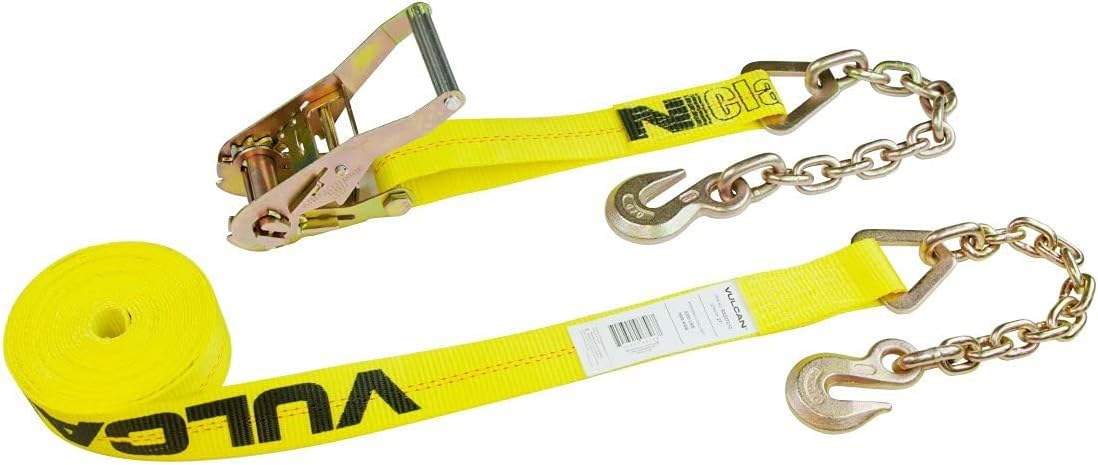 VULCAN Ratchet Strap with Chain Anchors - 2 Inch x 27 Foot, 6 Pack - Classic Yellow - 3,600 Pound Safe Working Load