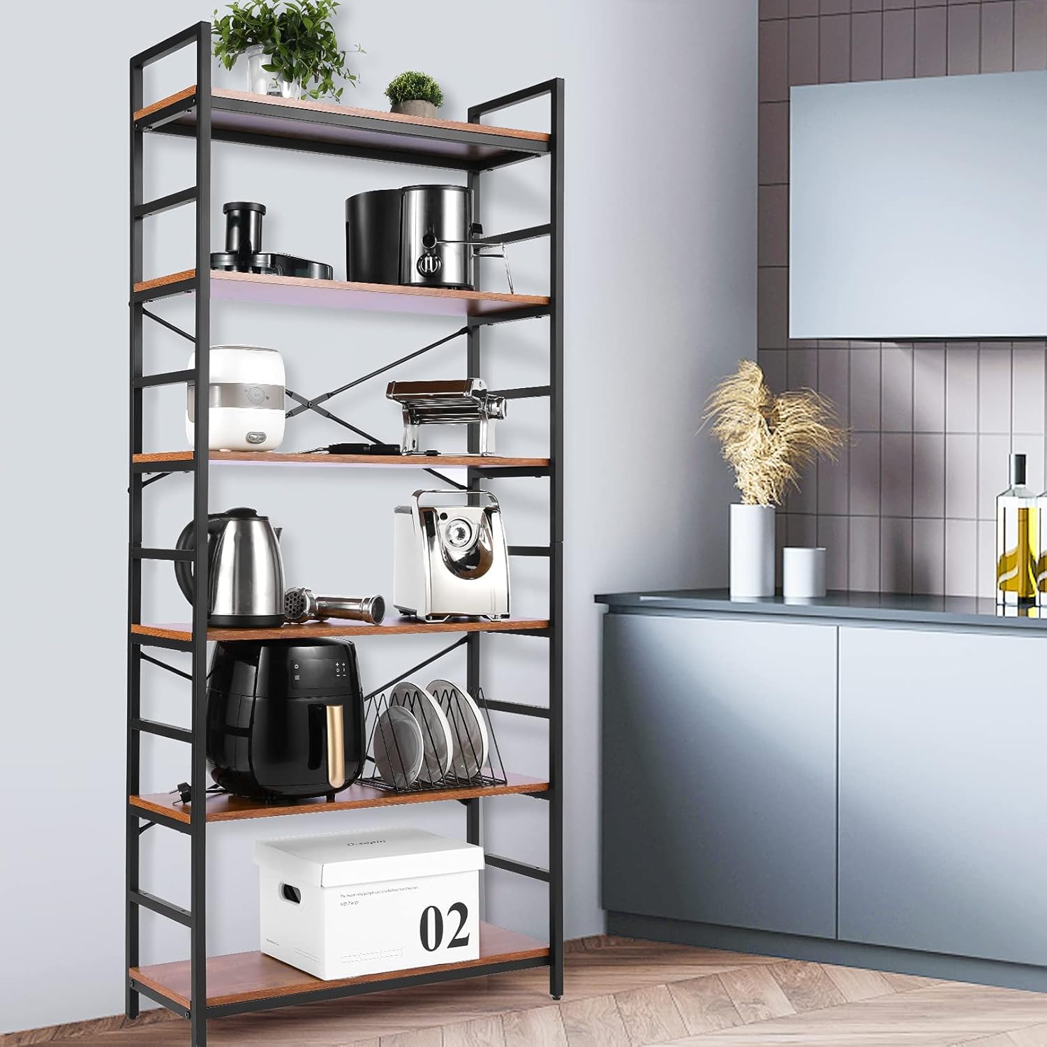 DEVO Book Shelves 6-Tier Storage Shelves Wood Top Bookshelves Tall Industrial Bookshelf and Bookcases Vintage Etagere Bookcase with Black Metal Frame Display Shelf Storage Organizer for Living Room