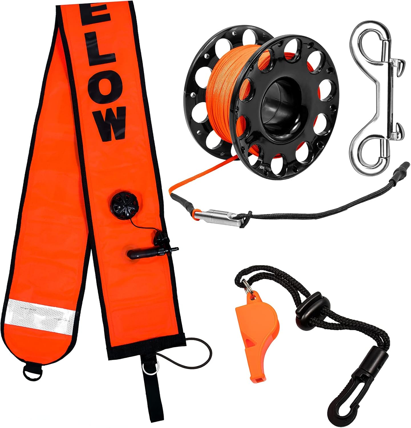 5ft Scuba Diving Surface Marker Buoy (SMB), Safety Sausage with Plastic 98ft Finger Spool Reel and Double Ended Hook Clip + Emergency Whistle for Underwater Diving Pack of 2