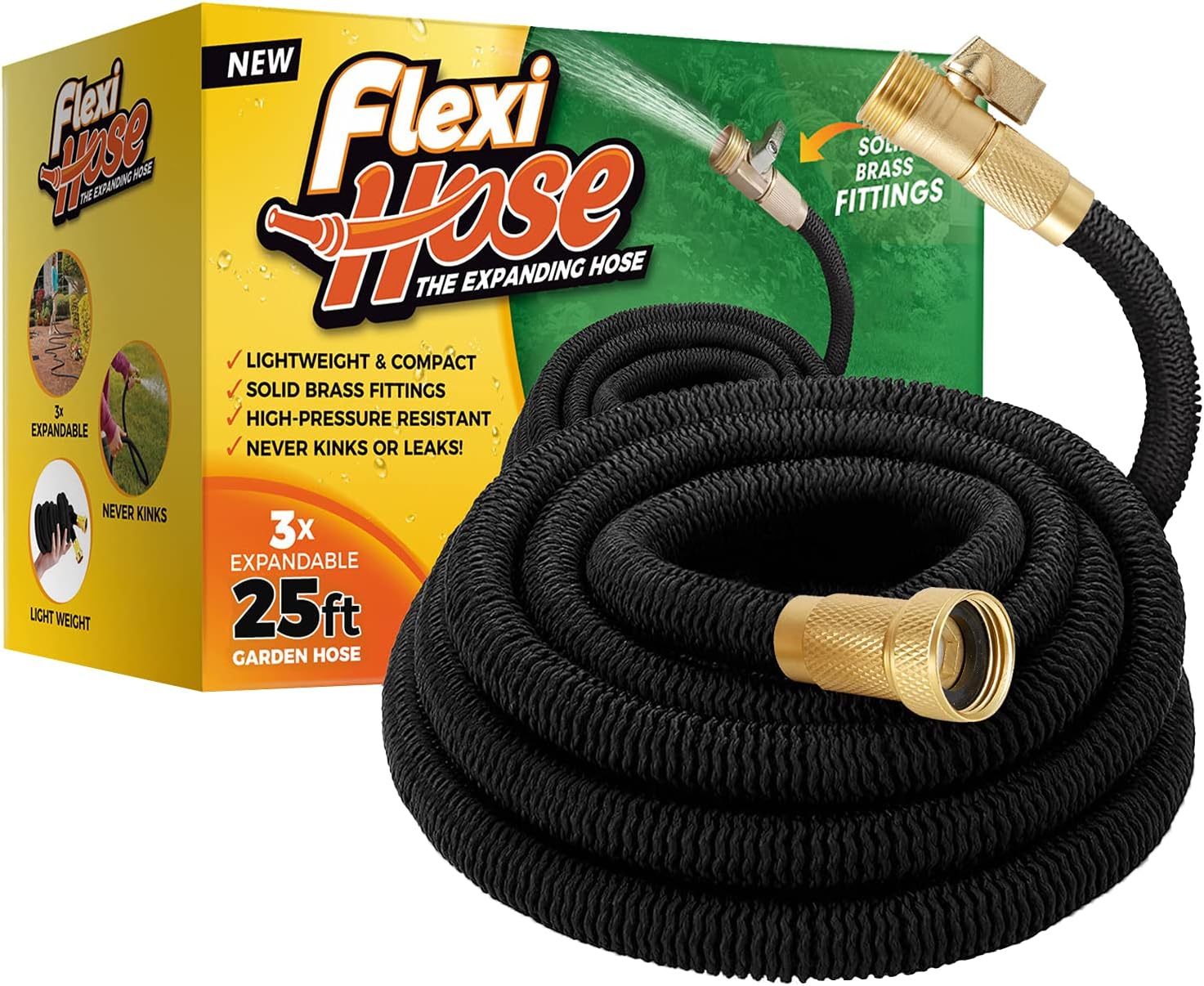 Flexi Hose Lightweight Expandable Garden Hose, No-Kink Flexibility, 3/4 Inch Solid Brass Fittings and Double Latex Core (100 FT, Black) Pack of 2