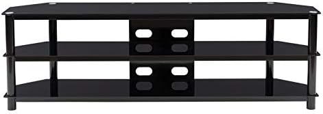 CorLiving Glass and Black Metal TV Bench with Open Shelves - for TVs up to 85