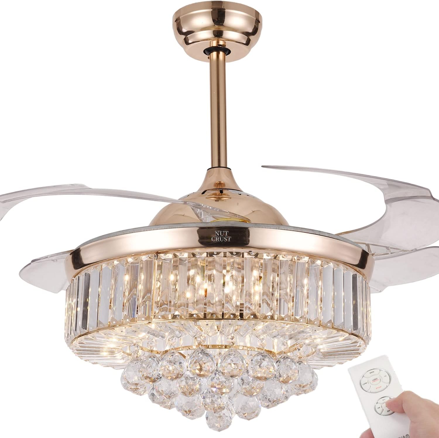 NUTCRUST Retractable Crystal Ceiling Fan, 3 Light Change LED Silent Fan Chandelier with Remote Control, Modern Invisible Ceiling Fan with Light 36W 42 Inch (Chrome, Modern)