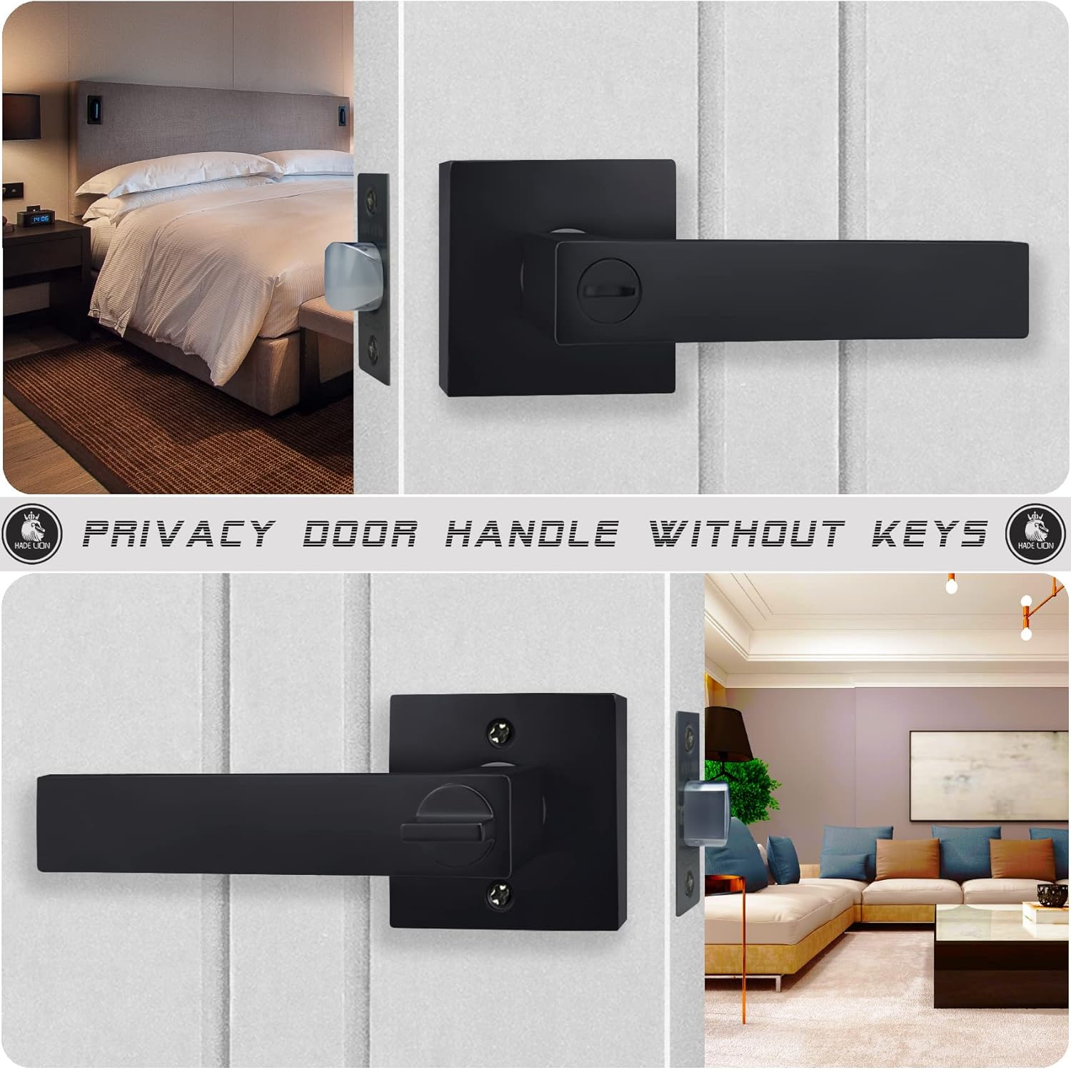 Hade Lion 1 Pack Privacy Square Door Handles Without Keys Matte Black, Easy to Install Straight Door Lever, Ideal for Bathroom/Bedroom Door, Heavy Duty Door Locks