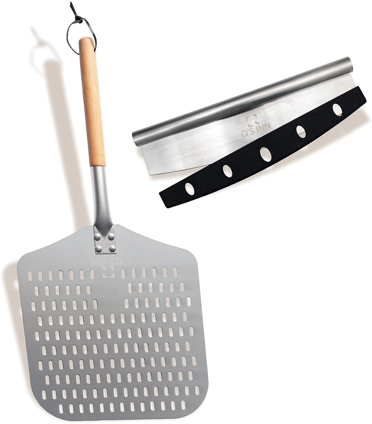 Perforated Pizza Peel, Professional 12 x 14 Inch Paddle Anodized Aluminum Turning Peel with detachable wood handle for Home Made Pizza By Q's INN.