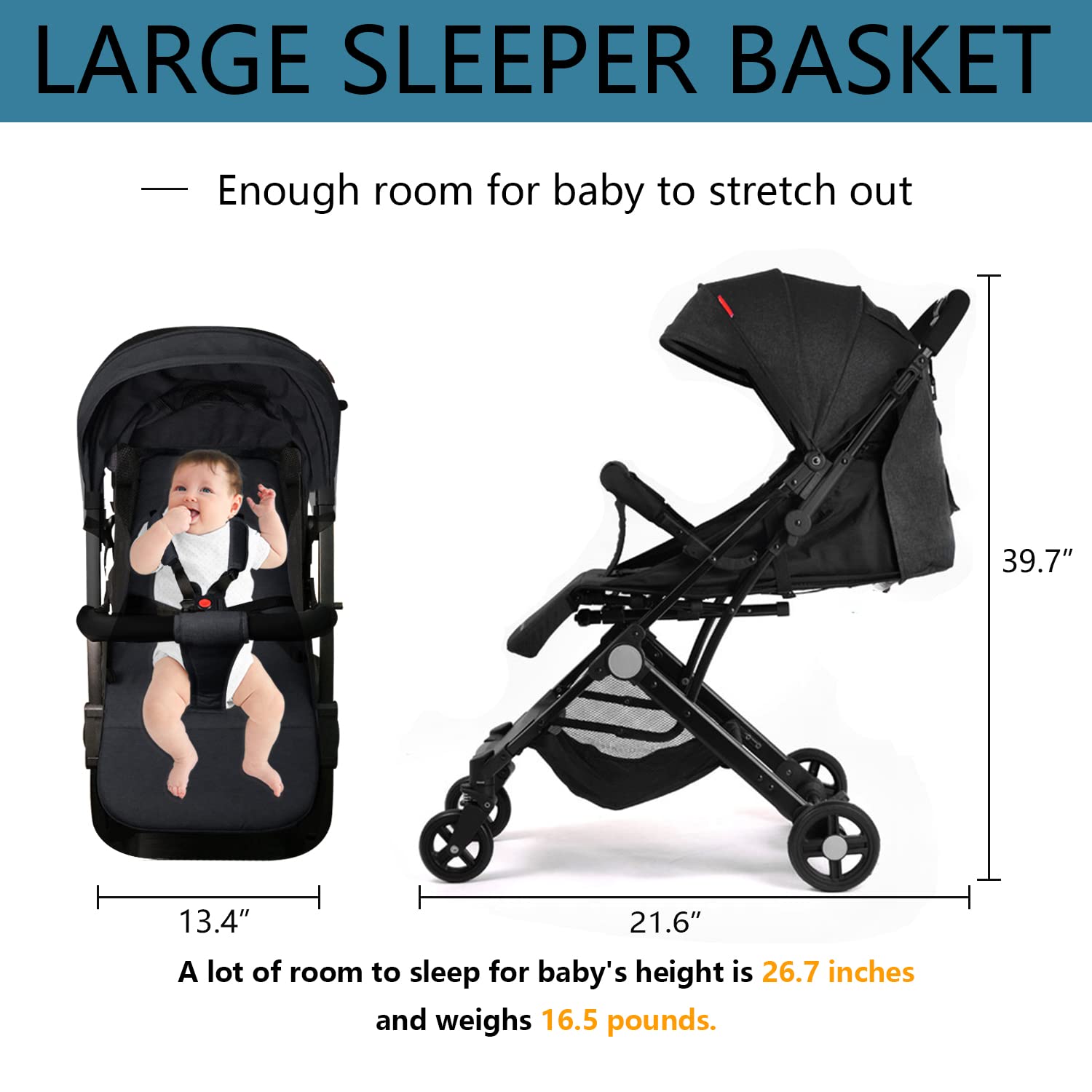 Travel Lightweight Baby Strollers Compact - Adjustable One-Hand Fold Pram with Oversized Canopy（Black)