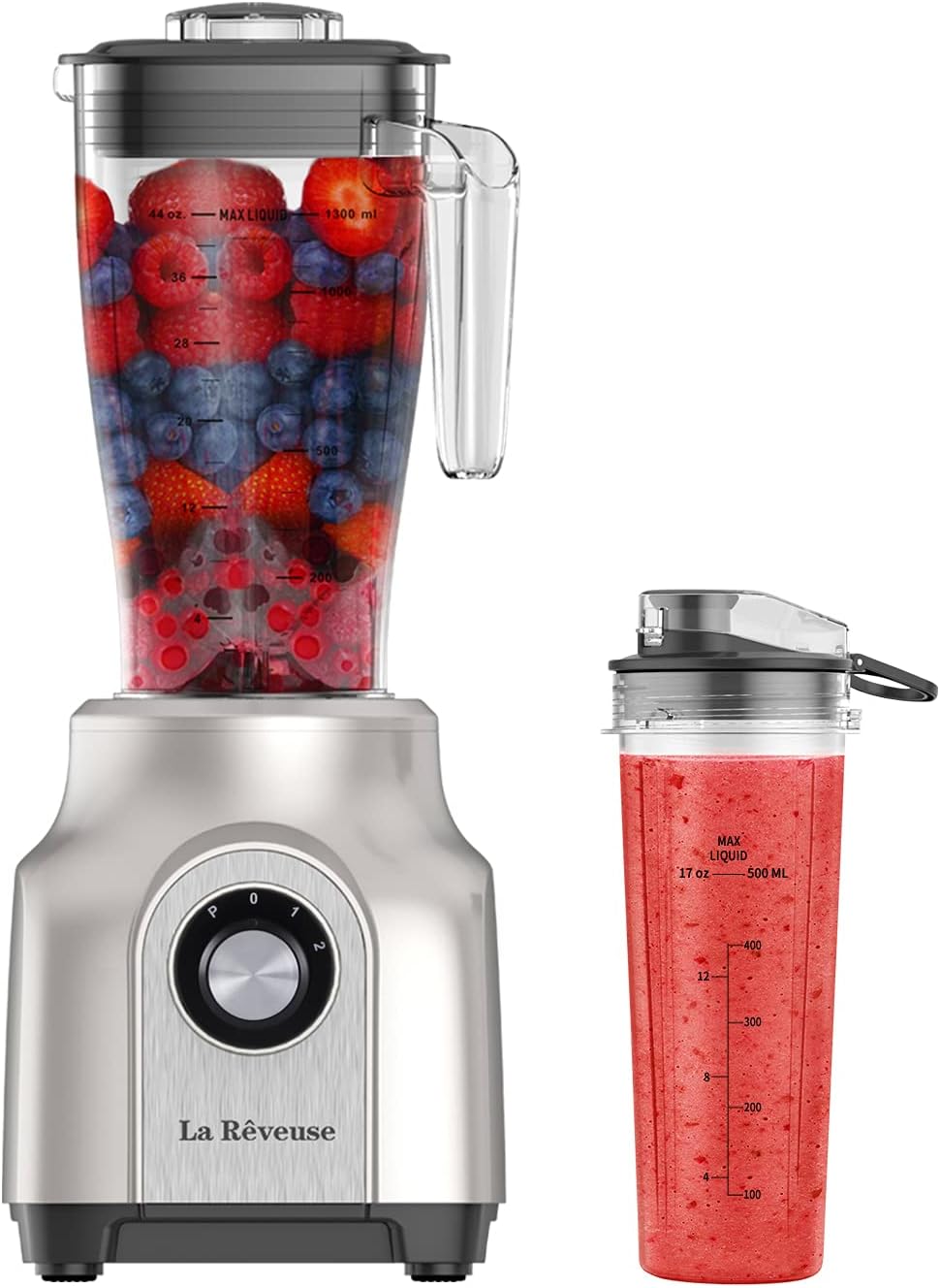 La Reveuse 2-in-1 Professional Countertop Blender 450-Watt with 44 Oz Blending Pitcher,17 Oz To Go Bottle for Frozen Drinks,Smoothies, Silver Pack of 2