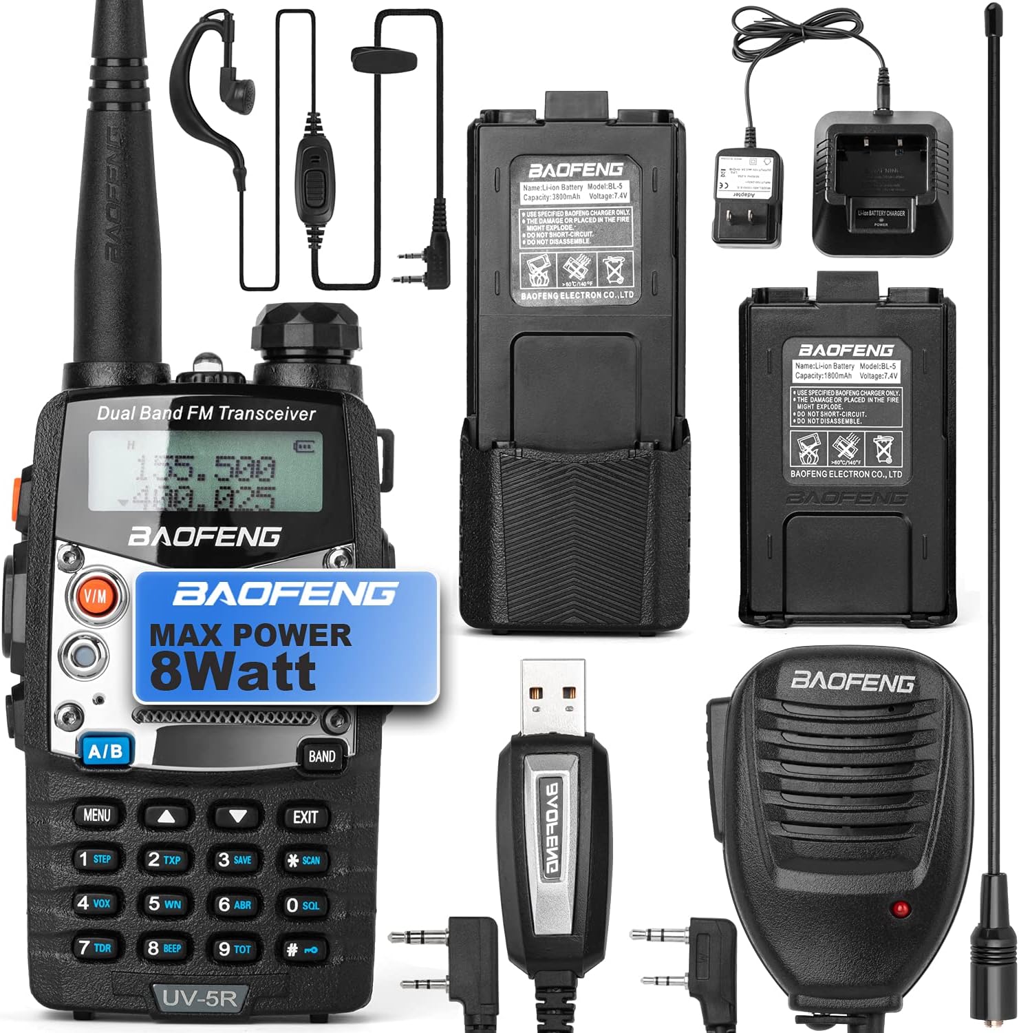 BaoFeng UV-5R 8W Ham Radio Walkie Talkie Dual Band 2-Way Radio with an Extra 3800mAh Battery Handheld Walkie Talkies with Baofeng Hand Mic and Programming Cable Pack of 2