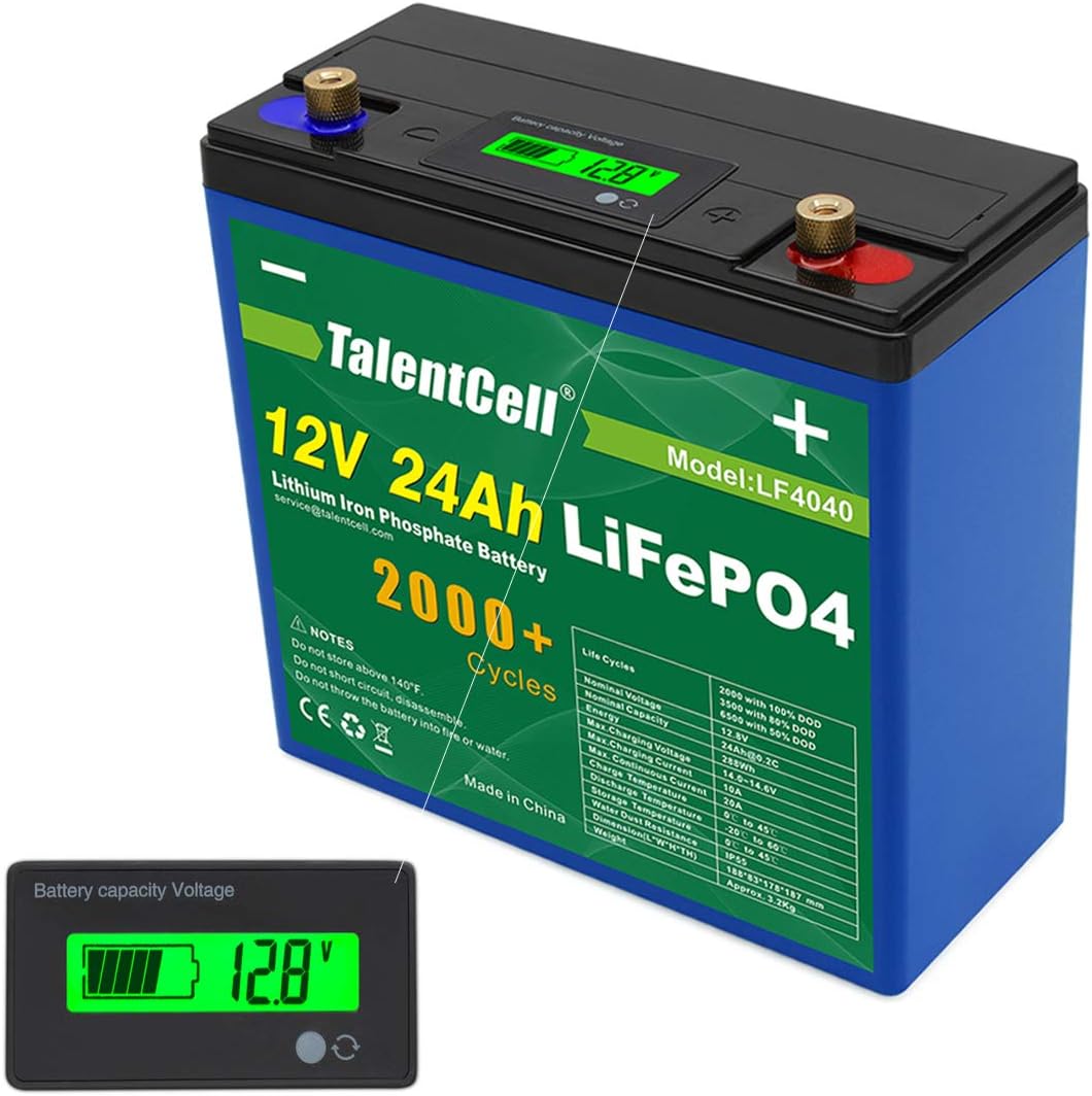 TalentCell 2000 Cycles Rechargeable 12V 24Ah 288Wh Lithium Iron Phosphate (LiFePO4) Deep Cycle Battery Pack
