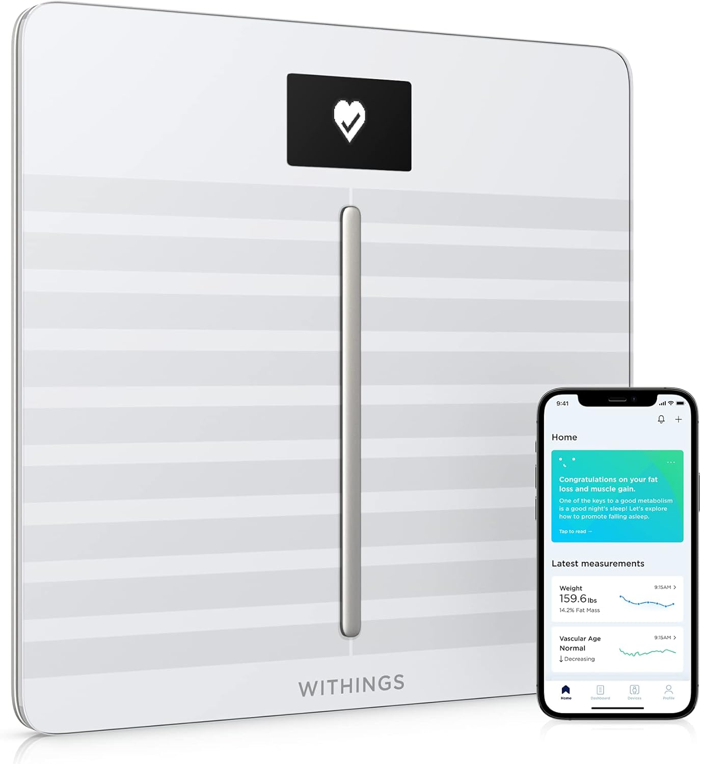 Withings Body Cardio – Premium Wi-Fi Body Composition Smart Scale, Tracks Heart Health, Vascular Age, BMI, Fat, Muscle & Bone Mass, Water %, Digital Bathroom Scale with App Sync via Bluetooth or Wi-Fi