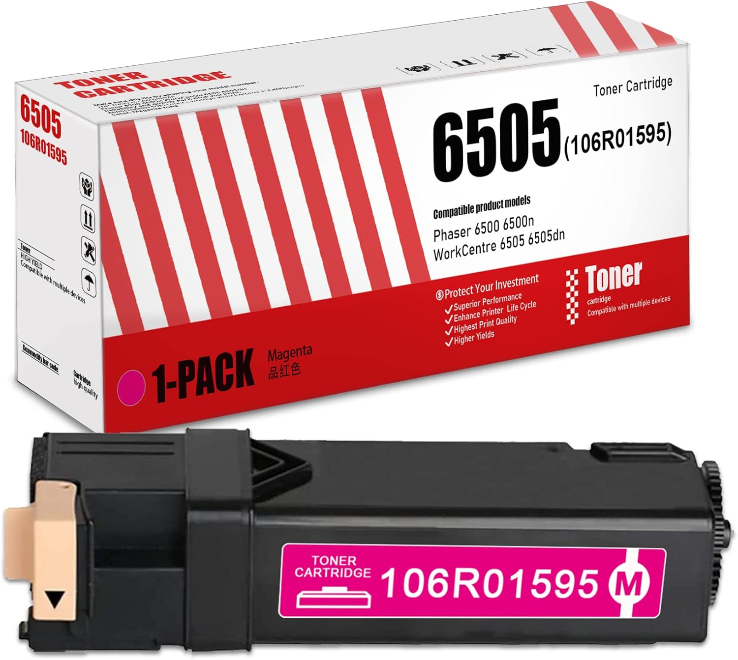 Compatible 1 Pack 106R01595 High Yield Toner Cartridge Replacement for Phaser 6500n 6500 WorkCentre 6505dn 6505 Printer, Magenta-Sold by DIOUSAINK. Pack of 2