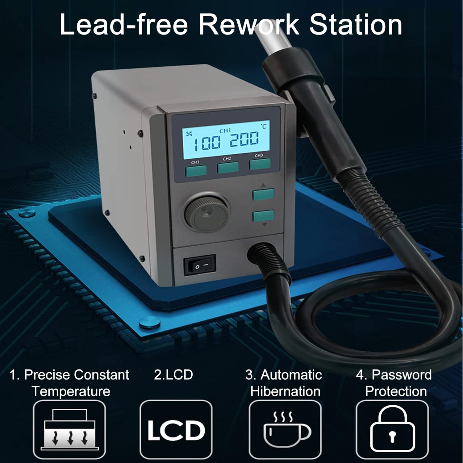 Hot Air Rework Station Accurate Temp.(100&deg;C-500 &deg;C), 220V Hot Air Desoldering Station 580W with 3 Nozzles LCD Screen Display Air Speed Adjustable, Fault Tips, Standby and Memory Functions