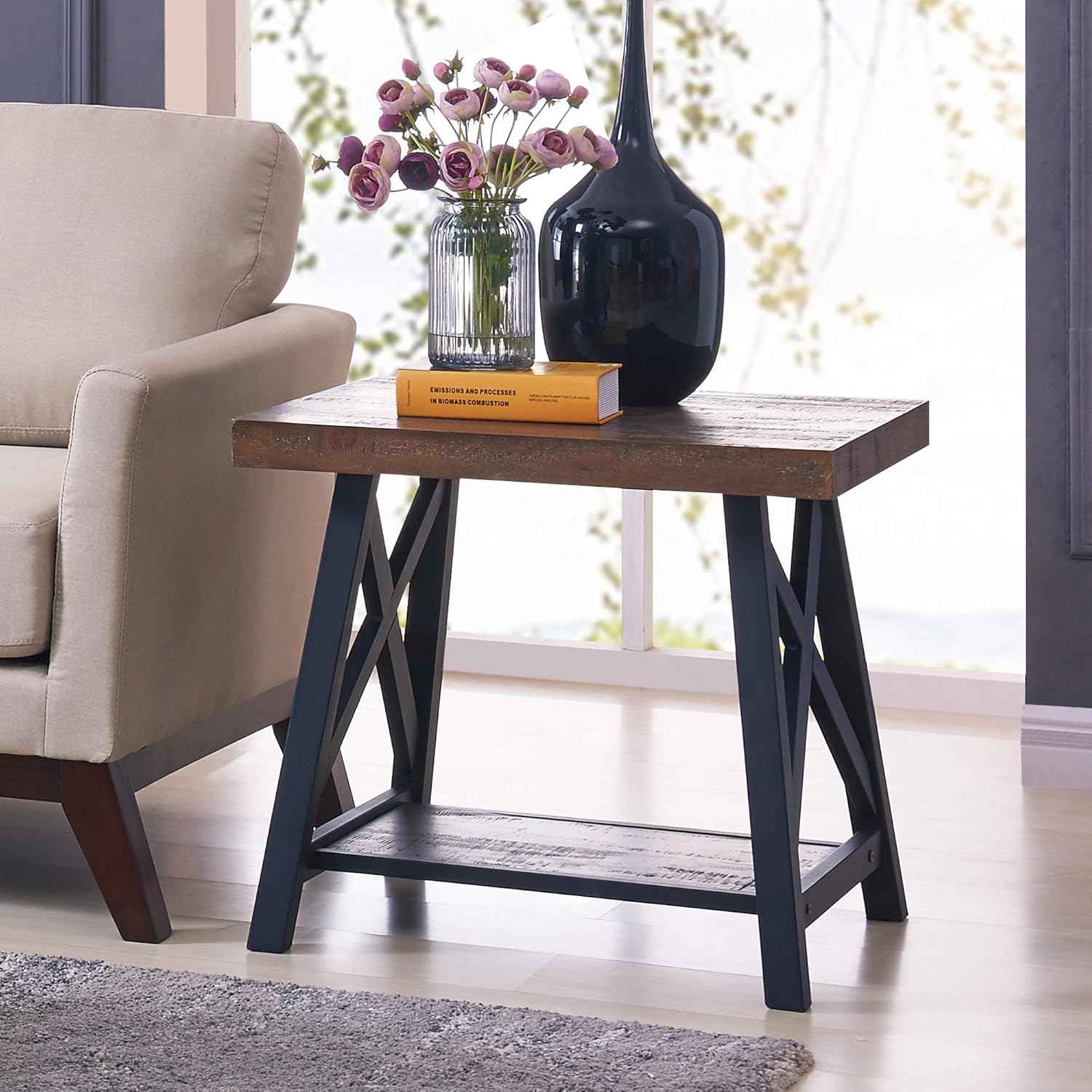 Rustic Modern MDF & Metal Accent Table in Rustic Oak