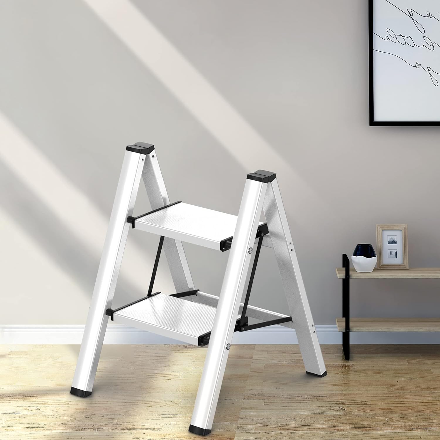 2 Steps Stool Ladder Black Aluminum Lightweight Folding with Anti-Slip and Wide Pedal for Home and Kitchen Space Saving