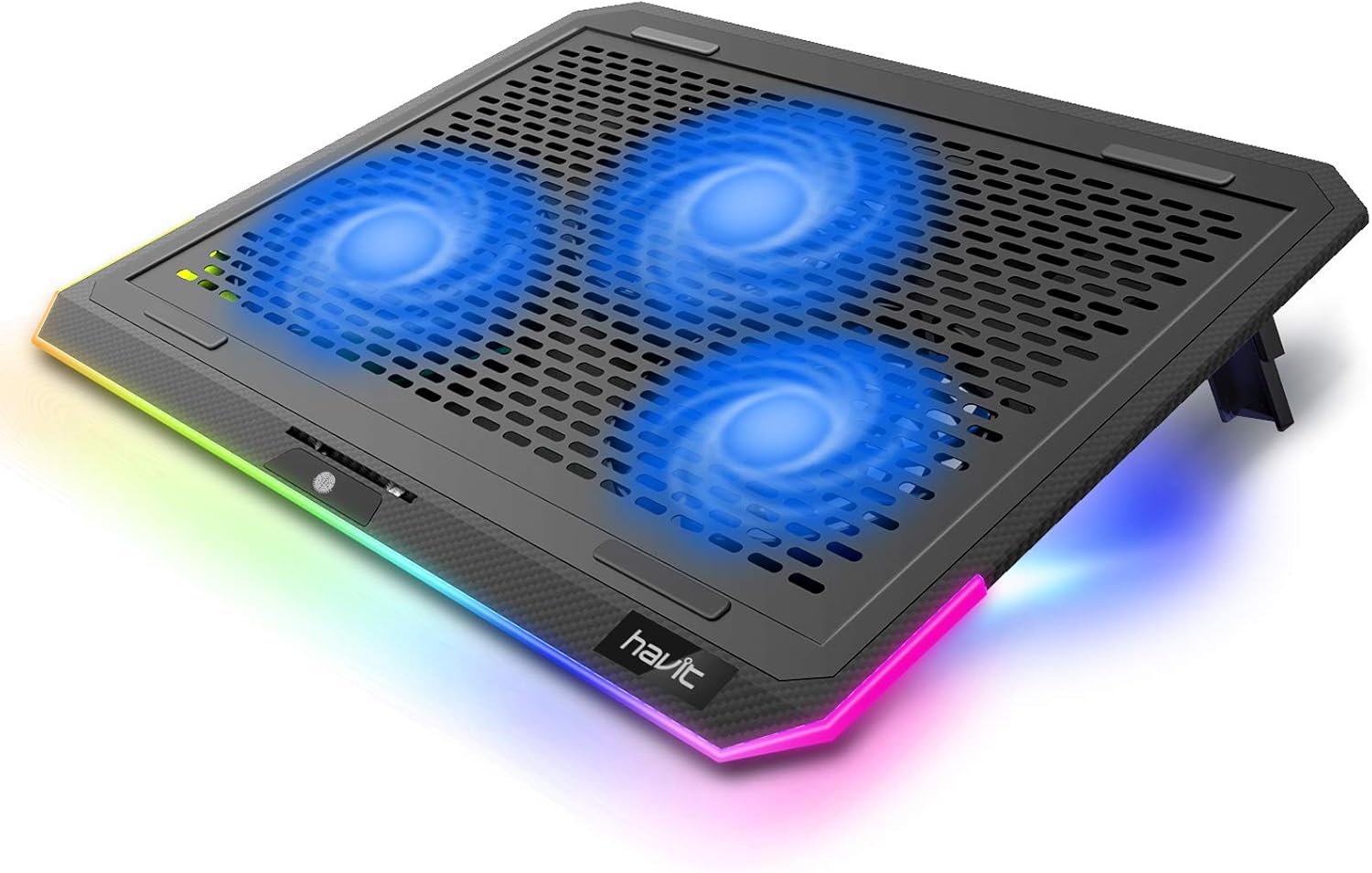Havit RGB Laptop Cooling Pad for 15.6-17 Inch Laptop with 3 Quiet Fans and Touch Control, Pure Metal Panel Portable Cooler (Black+Blue)