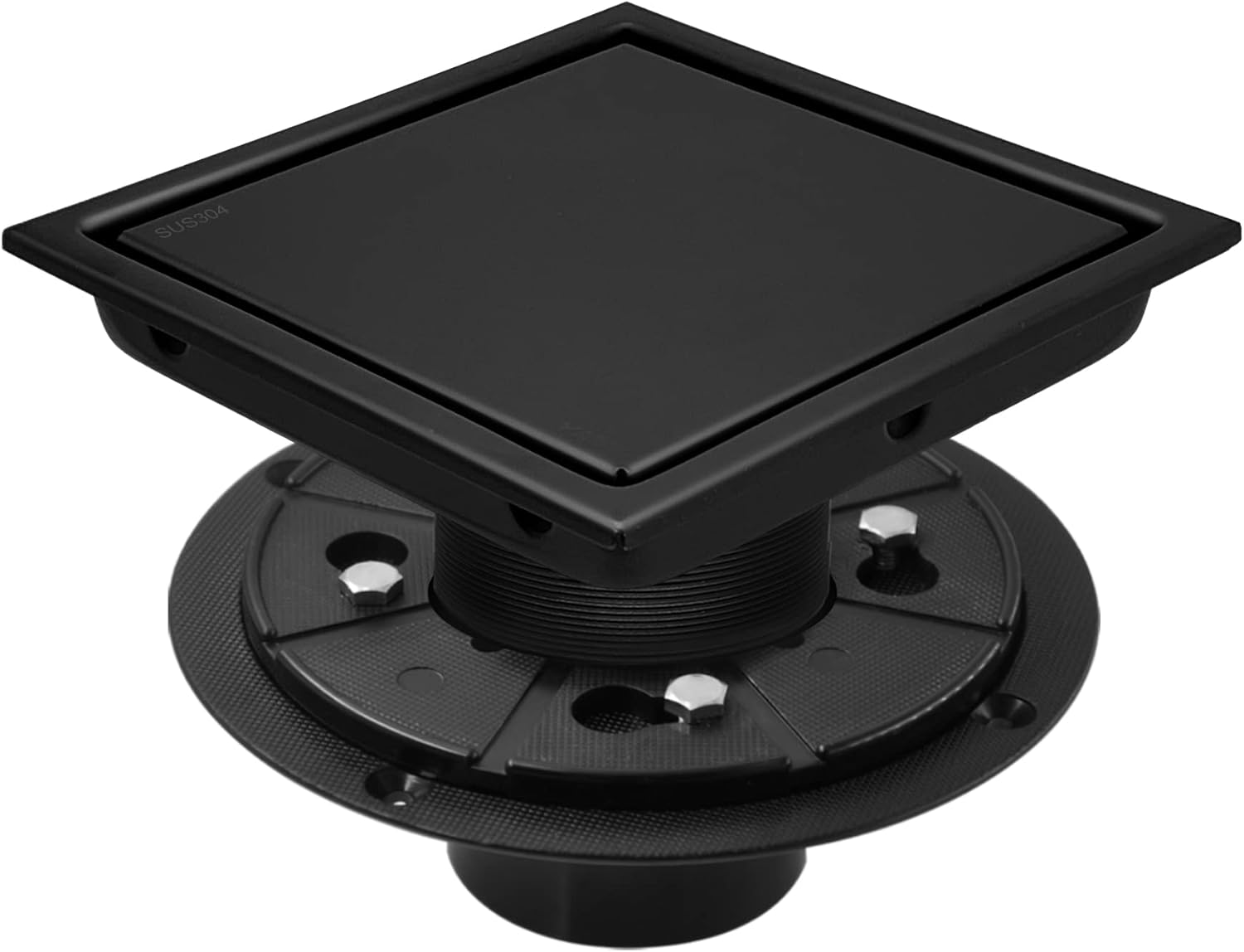 BESTTEN Modern Designer Matte Black 6 Inch Square Shower Floor Drain with Drain Base, Reversible Designer Tile/Stainless Insert, Solid 304 Stainless Steel, CUPC Certified